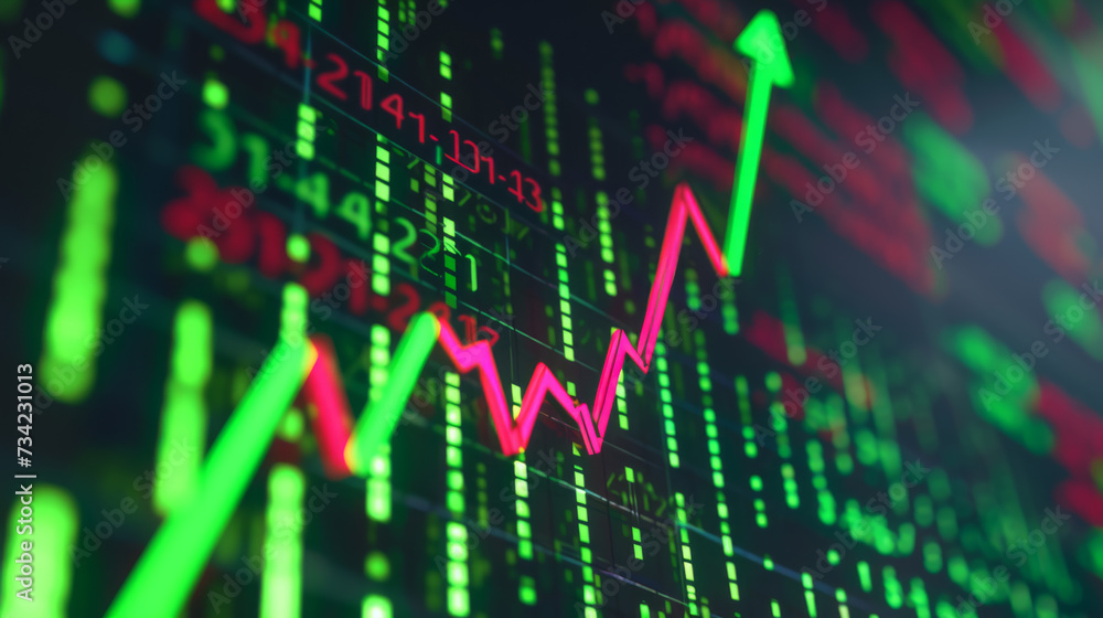 Poster digital graphical representation of a stock market with fluctuating graphs, numerical data, and upwa
