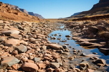 Fototapeta na wymiar Rocky bed exposed in arid landscape., generative IA