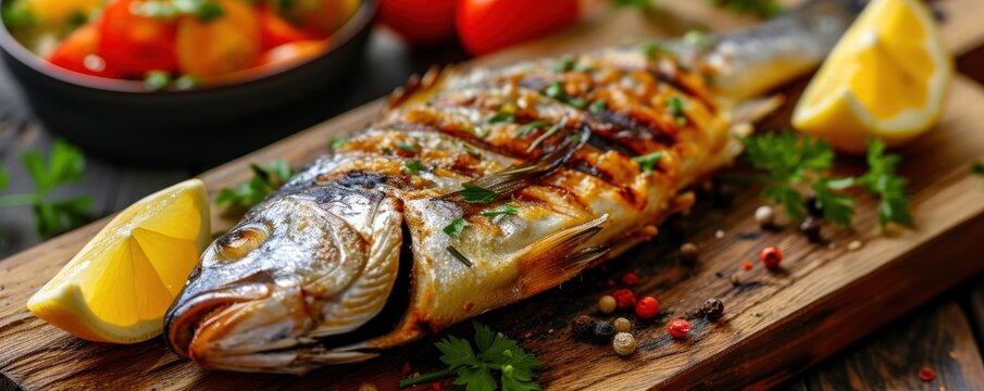 Tasty grilled fish with food decoration like lemon