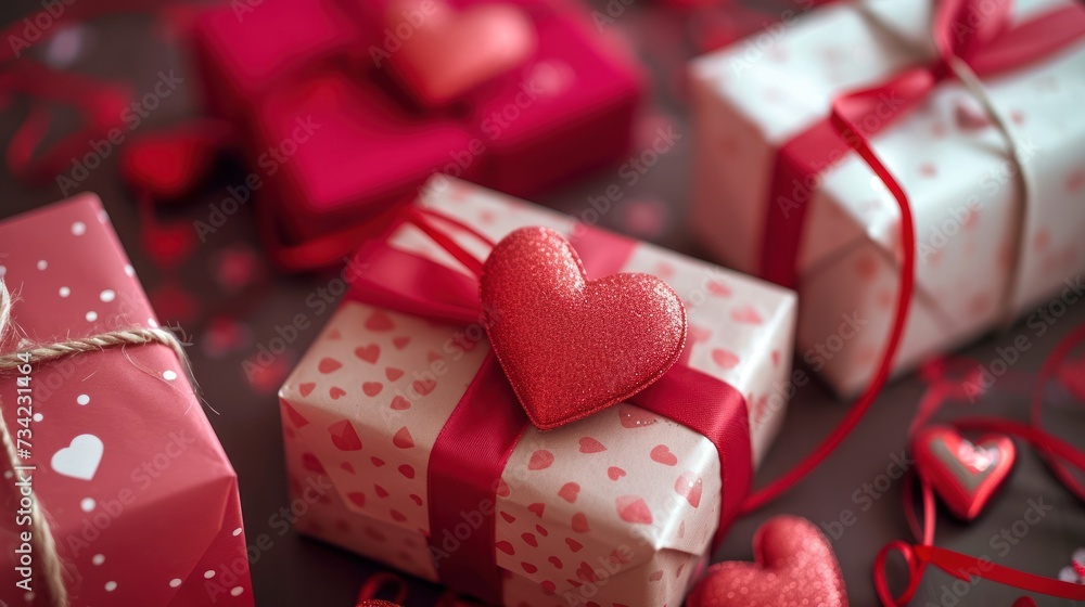 Poster a close up of two wrapped presents with hearts on the top and a string of twine on the bottom of the