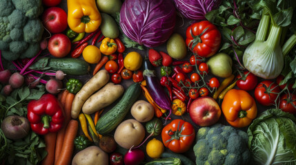 Fototapeta na wymiar A vibrant, colorful assortment of fresh vegetables including tomatoes, carrots, bell peppers, and leafy greens, representing a healthy and nutritious selection of produce.