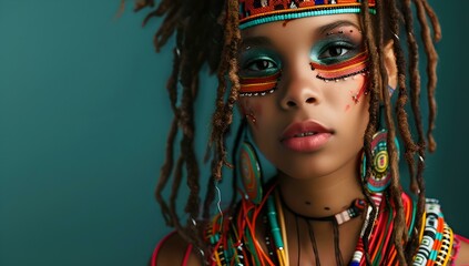 Vibrant tribal style portrait of a woman with colorful face paint and accessories. ethnic beauty captured in a studio. high fashion with a cultural twist. AI