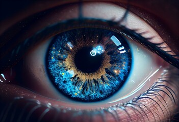 a close up of a blue eye with stars in the iris and a bright light in the center of the iris of the eye, with a black hole in the middle of the eye.  generative ai