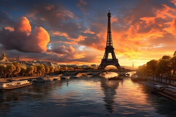 Paris aerial panorama with river Seine and Eiffel tower France, buildings and landmarks with sunset sky background - obrazy, fototapety, plakaty