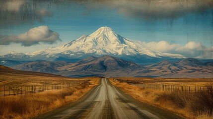  a dirt road in the middle of a field with a large snow covered mountain in the distance in the distance is a fenced in area with brown grass and brown grass.