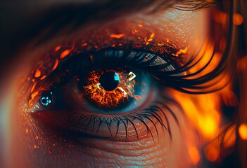 Fire reflecting eyes close up. Generative AI