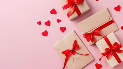  three wrapped gifts with red bows and hearts on a pink background with confetti in the shape of a heart and two wrapped gifts with red bows and hearts on a pink background with confetti.