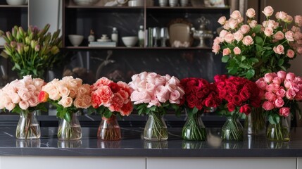  a row of vases filled with pink and red flowers on top of a counter next to a shelf with other vases of flowers on top of a counter.