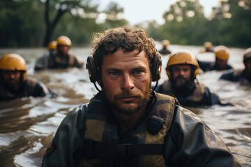 Fototapeta premium Exciting rescue of animals on flooded farm., generative IA