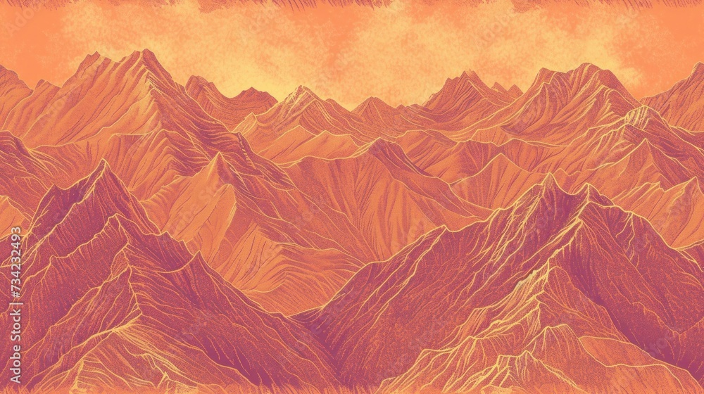 Poster a drawing of a mountain range with a red sky in the background and a yellow sky in the middle of the