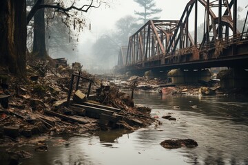 Bridge devastated by flood emerges from the waters., generative IA
