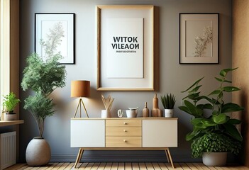 Mock up frame in home interior background, beige room with natural wooden furniture, Scandinavian style, front view. Generative AI