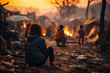 Volcanic Refuge People await temporary shelters., generative IA