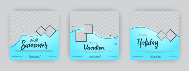 Travel agency social media post template design of explore the World. Set of web banners, posters for travel agency. Digital advertising banner promotion. Intsa post of vector.soft light blue color