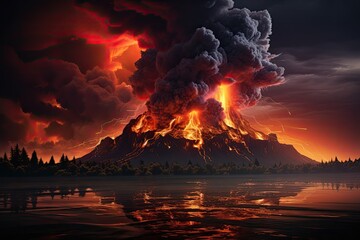 Volcanic explosion illuminates cloud of ash with lightning., generative IA