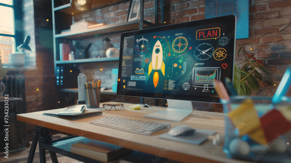 Poster a vibrant and creative workstation with a computer monitor displaying a colorful planning graphic an