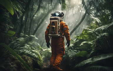 Astronaut in a jungle, cold color palette, muted colors