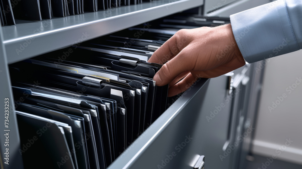 Aufkleber a hand is shown pulling a file from an organized open filing cabinet drawer filled with labeled fold