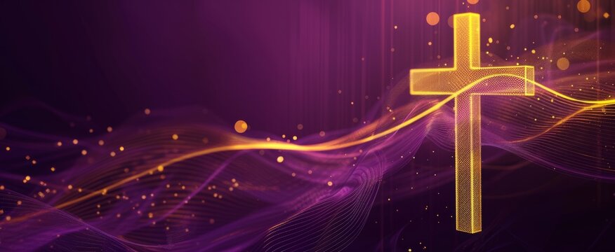 an image of a bright gold cross on purple background with copy space Generative AI