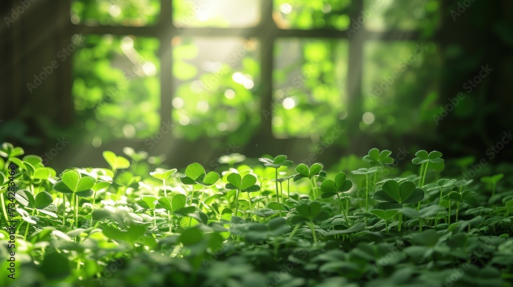 Poster a group of green plants in front of a window with sunlight coming through the window panes and green