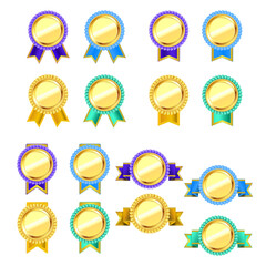 Set of golden badge and ribbons with color variations, vector