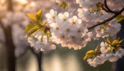 Beautiful tender blossom flowers in spring at sunset.