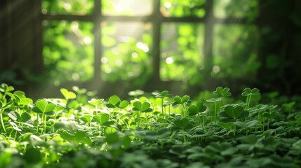  a group of green plants in front of a window with sunlight coming through the window panes and green leaves on the ground in front of the window sill.