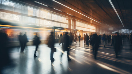 passengers in shanghai pudong airport with motion blur