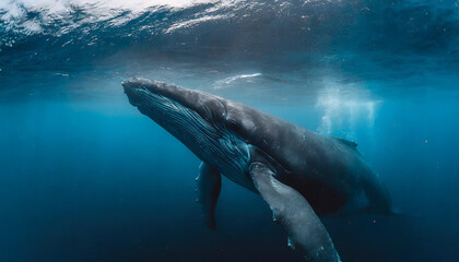 Naklejka premium Blue whale under water in ocean. 