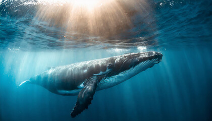 Blue whale under water in ocean.