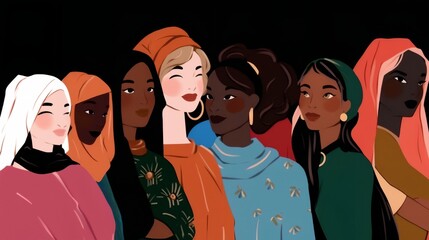 Feminist activists. Women of different ethnicities and cultures side by side together. Strong girls support each other. Ladies of different ages looking forward while standing together