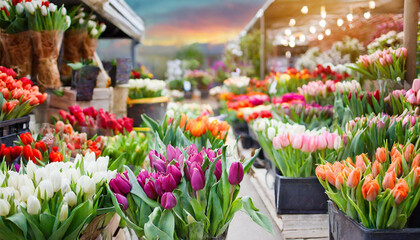 Fototapeta na wymiar Bright flower market with a variety of blooming colorful tulips. 