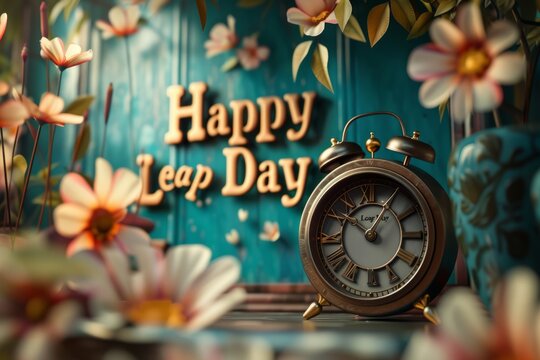 Happy Leap Day text with vintage alarm clock in the foreground