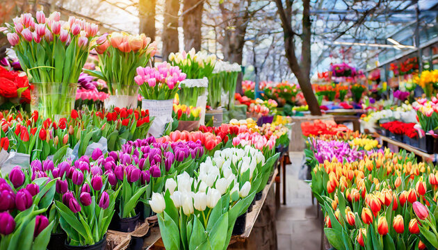 Bright flower market with a variety of blooming colorful tulips.	