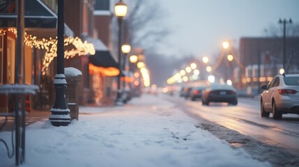 Small winter town. Snow-covered street with residential buildings and commercial lower floors....