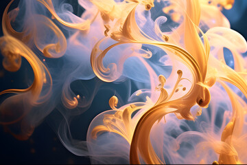 Ethereal Elegance: Golden and White Abstract Smoke Dancing in Harmonious Union, Evoking a Sense of Grace and Serenity