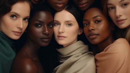 Obraz premium Feminist activists. Women of different ethnicities and cultures side by side together. Strong girls support each other. Ladies of different ages looking forward while standing together