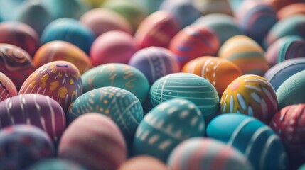 Easter holiday. many colorful eggs. different colors and patterns. pastel colors, natural dye