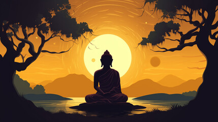 Serene Buddha silhouette against vibrant sunset, symbolizing peace and enlightenment