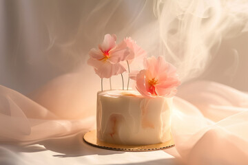 Designer cake decorated with flower on sunny background. Generative AI