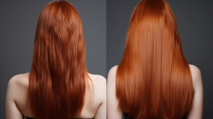 Red hair before and after treatment, sick, cut and healthy hair.