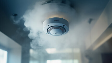 Working smoke detector and fire alarm in action. System for protection and safety of smart home or warehouse