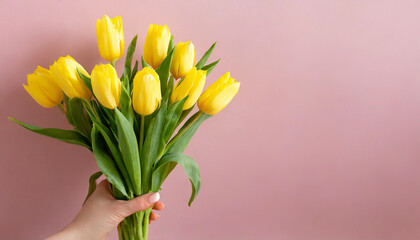 Female hand holds spring bouquet of tulips on a pink pastel background. 