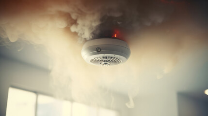 Working smoke detector and fire alarm in action. System for protection and safety of smart home or warehouse - obrazy, fototapety, plakaty