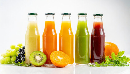 Five bottles of natural vegetable or fruit juices with on white background	