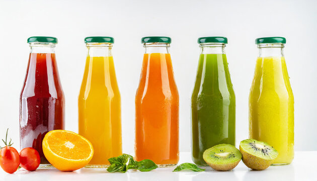 Three  bottles of natural vegetable or fruit juices with on white background