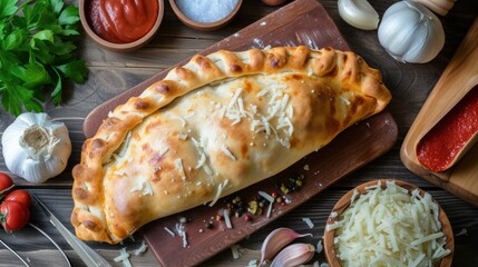  a wooden cutting board topped with a cheesy pastry next to a bowl of shredded cheese and a bowl of tomato sauce and garlic on a wooden cutting board.