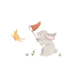 Watercolor bunny catch butterfly - hand drawn cute rabbit isolated on white background. Cartoon kids illustration. Woodland animals.
