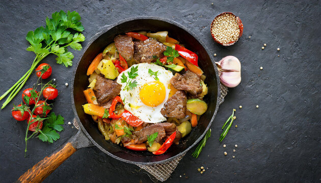Fried egg, beef and vegetables in a pan, top view.  