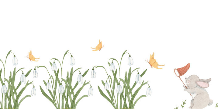 Watercolor border of snowdrops with bunny catch butterfly - greenery isolated frame on white background template. Floral banner with spring flowers, insects and animal. Hand drawn illustration.